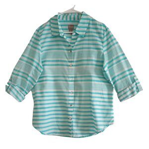 Chicos Button Down Shirt Women 2 US L/12 Teal White Stripes Lightweight